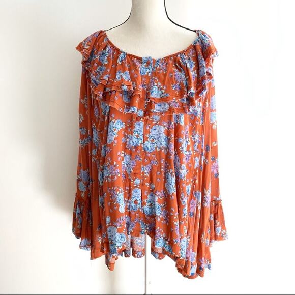 Free People Loretta Orange Blue Floral Print Boho Tunic Top Size M - Picture 1 of 5